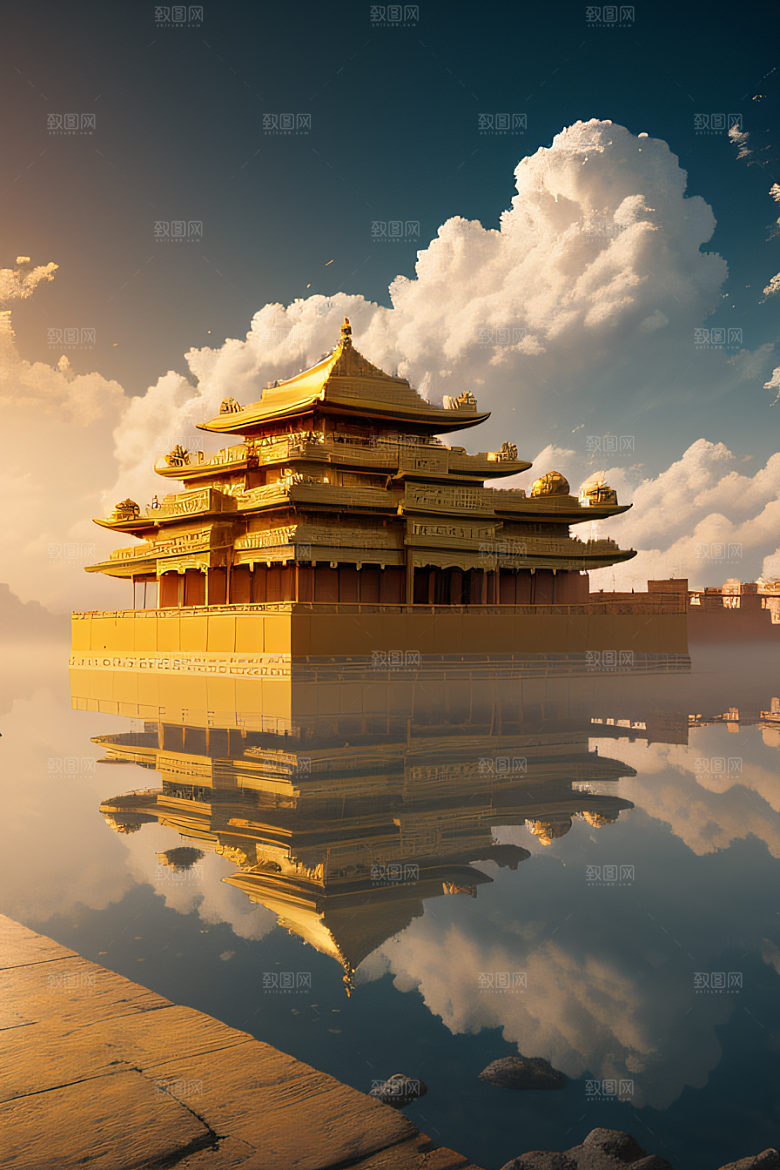 细节清晰的古老金色宫殿云海奇观