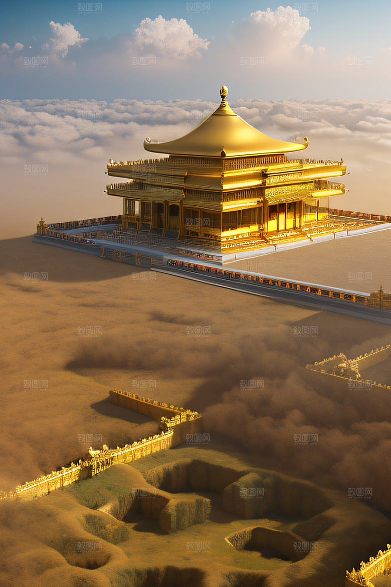 古老金宫云海背景下的壮丽景色