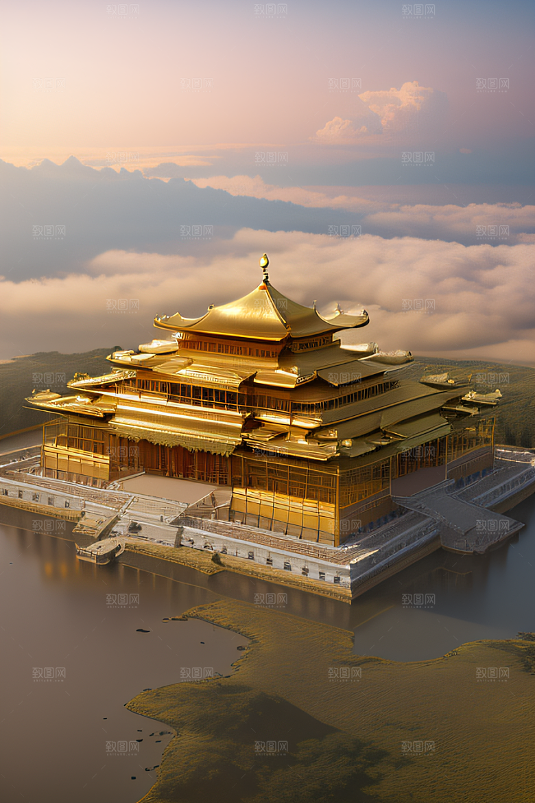 古老金宫云海背景下的壮丽景色