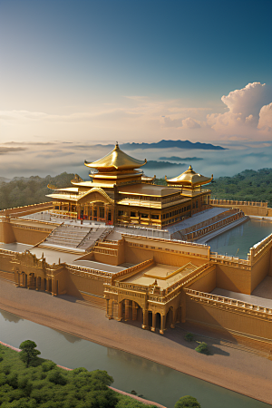古老金宫云海背景下的壮丽景色