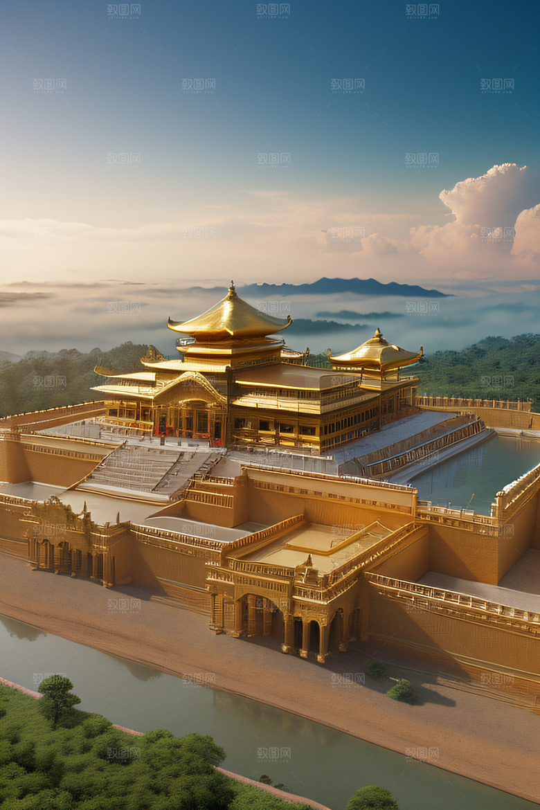 古老金宫云海背景下的壮丽景色