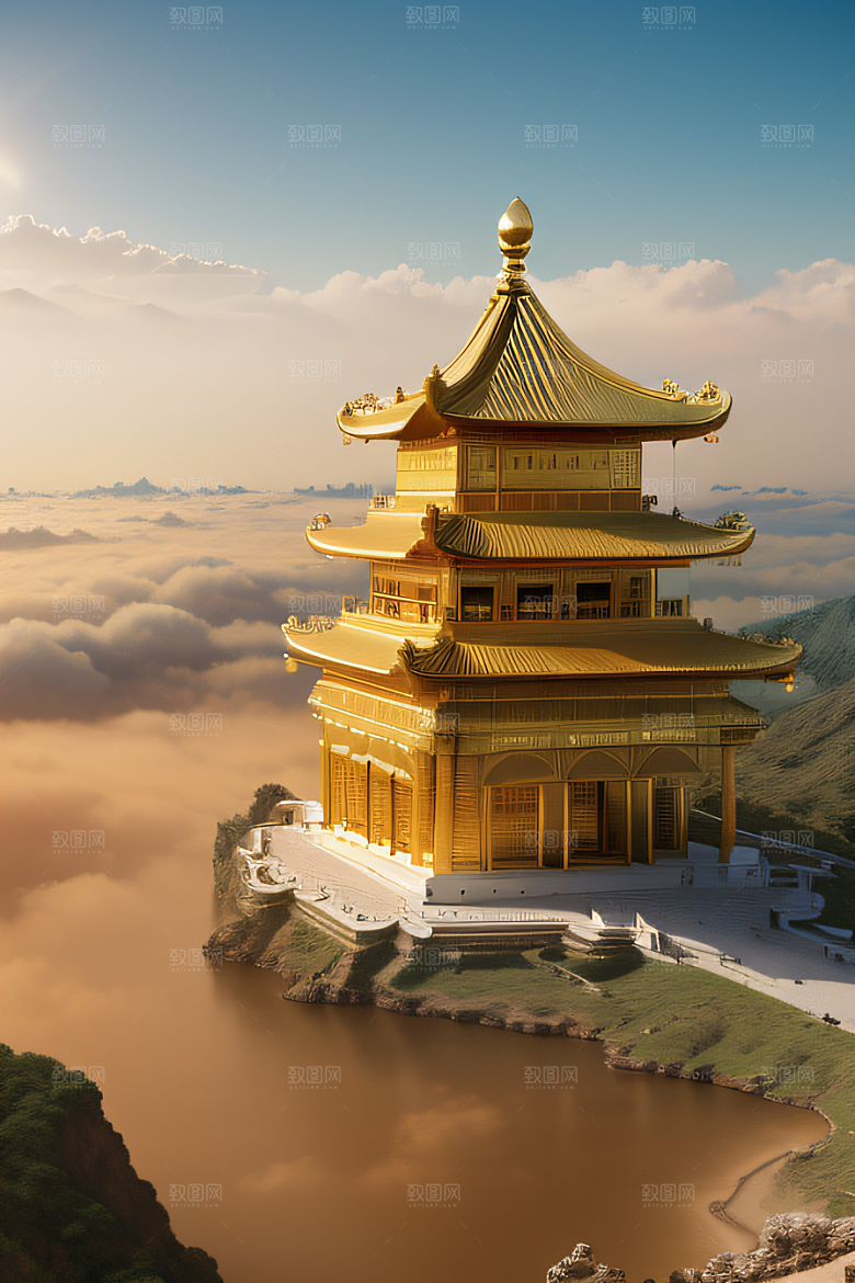 古老金宫云海背景下的壮丽景色