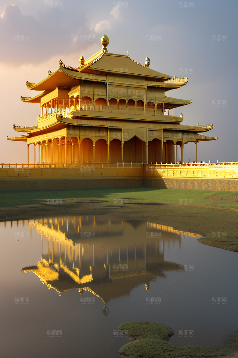 古老金宫云海背景下的壮丽景色