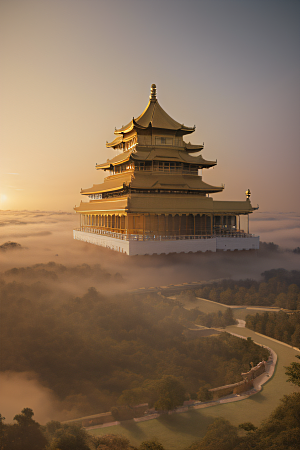 古老金宫云海背景下的壮丽景色