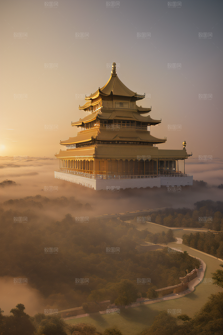 古老金宫云海背景下的壮丽景色