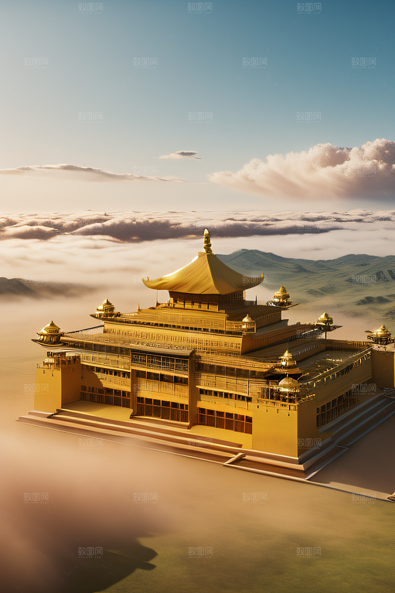 古代金宫云海背景下的绝美景色