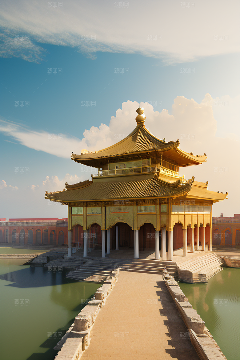 古代金宫云海背景下的绝美景色