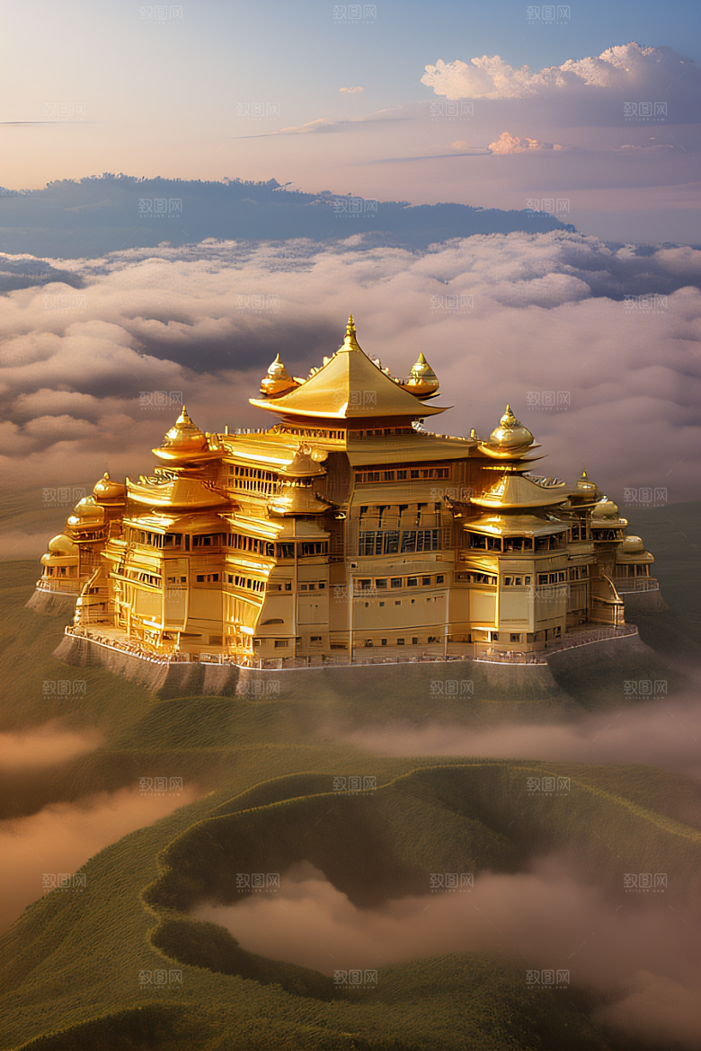 古代金宫云海背景下的绝美景色