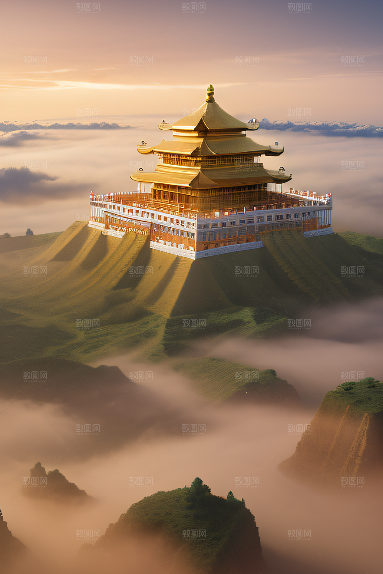 古代金宫云海背景下的绝美景色