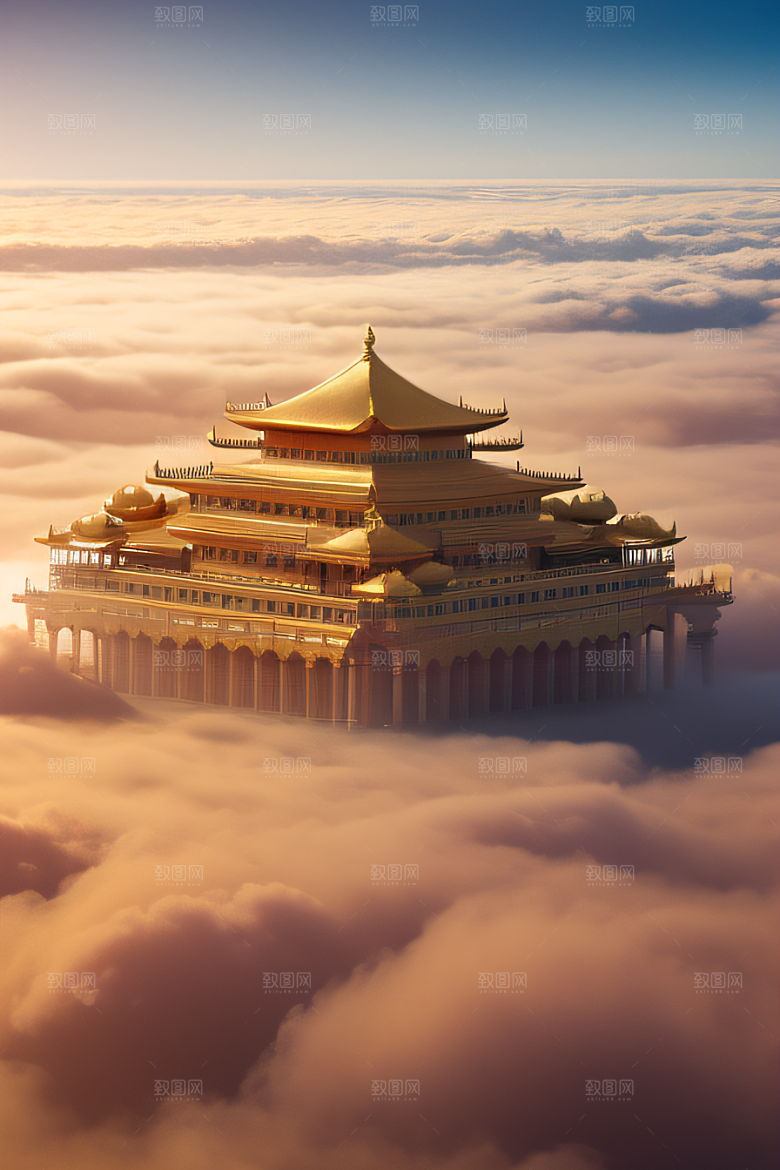 古代金宫云海背景下的绝美景色
