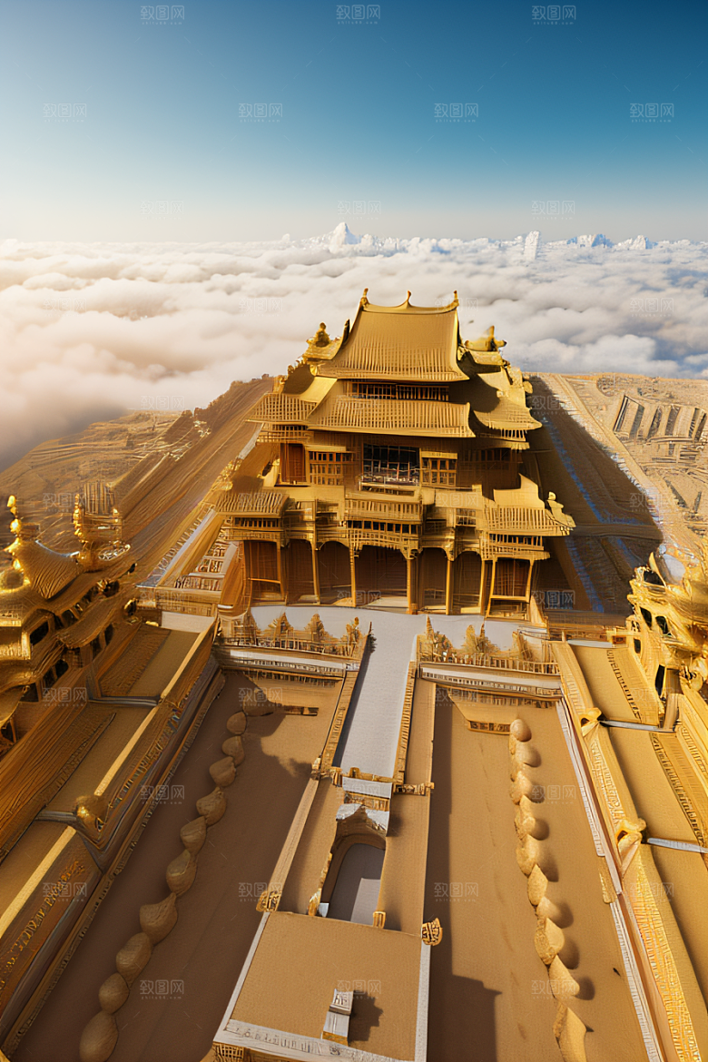 古代金宫云海背景下的绝美景色