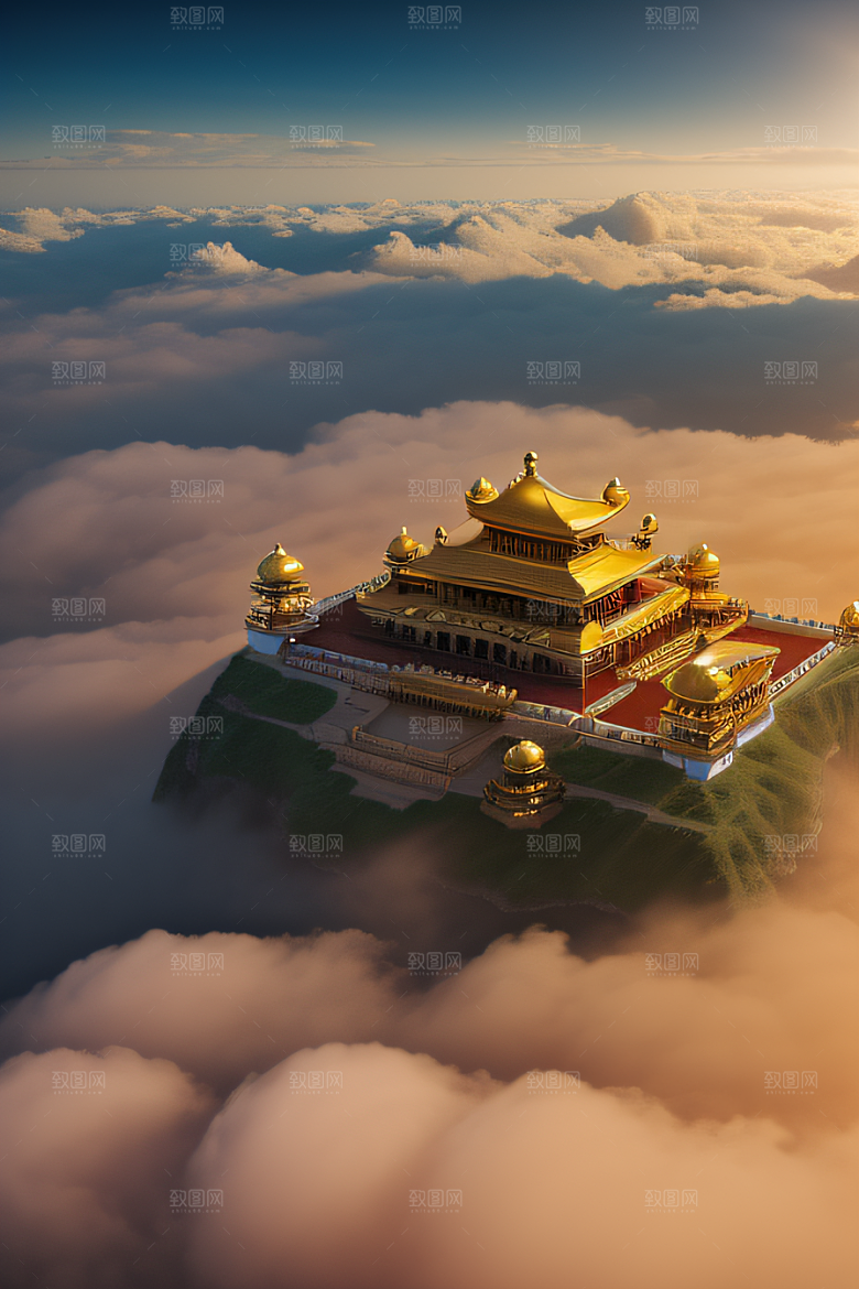 古代金宫云海背景下的绝美景色