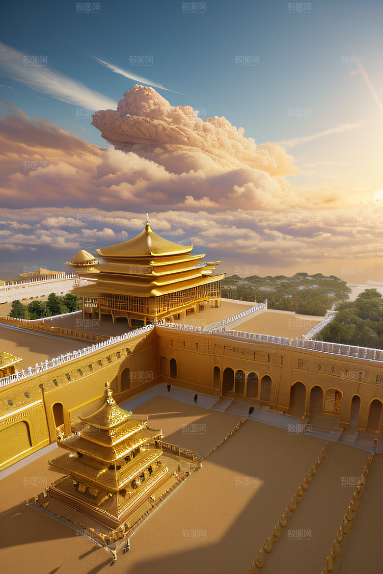 古代金宫云海背景下的绝美景色
