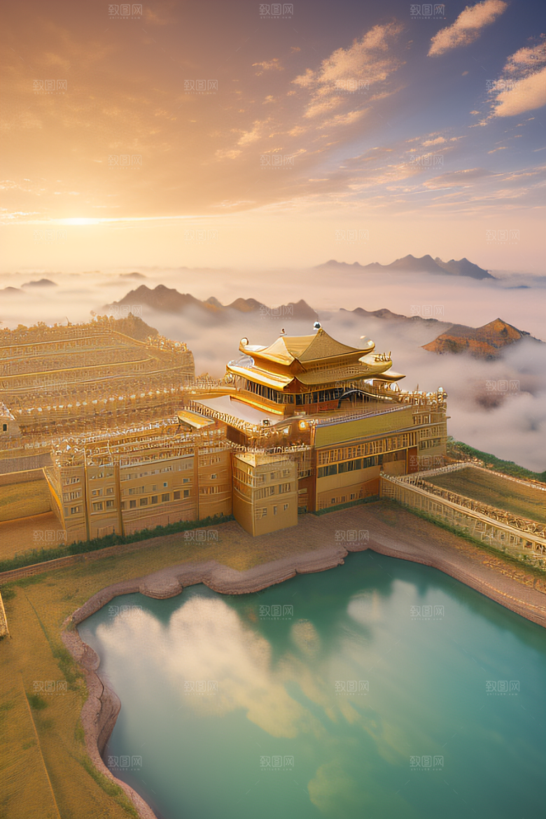 古代金宫云海背景下的绝美景色