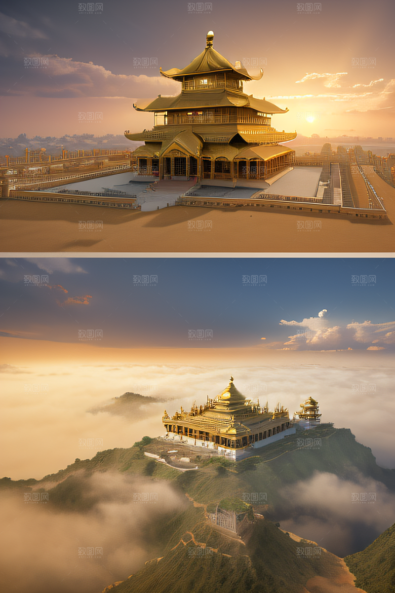 唯美壮丽的古代金宫云海背景
