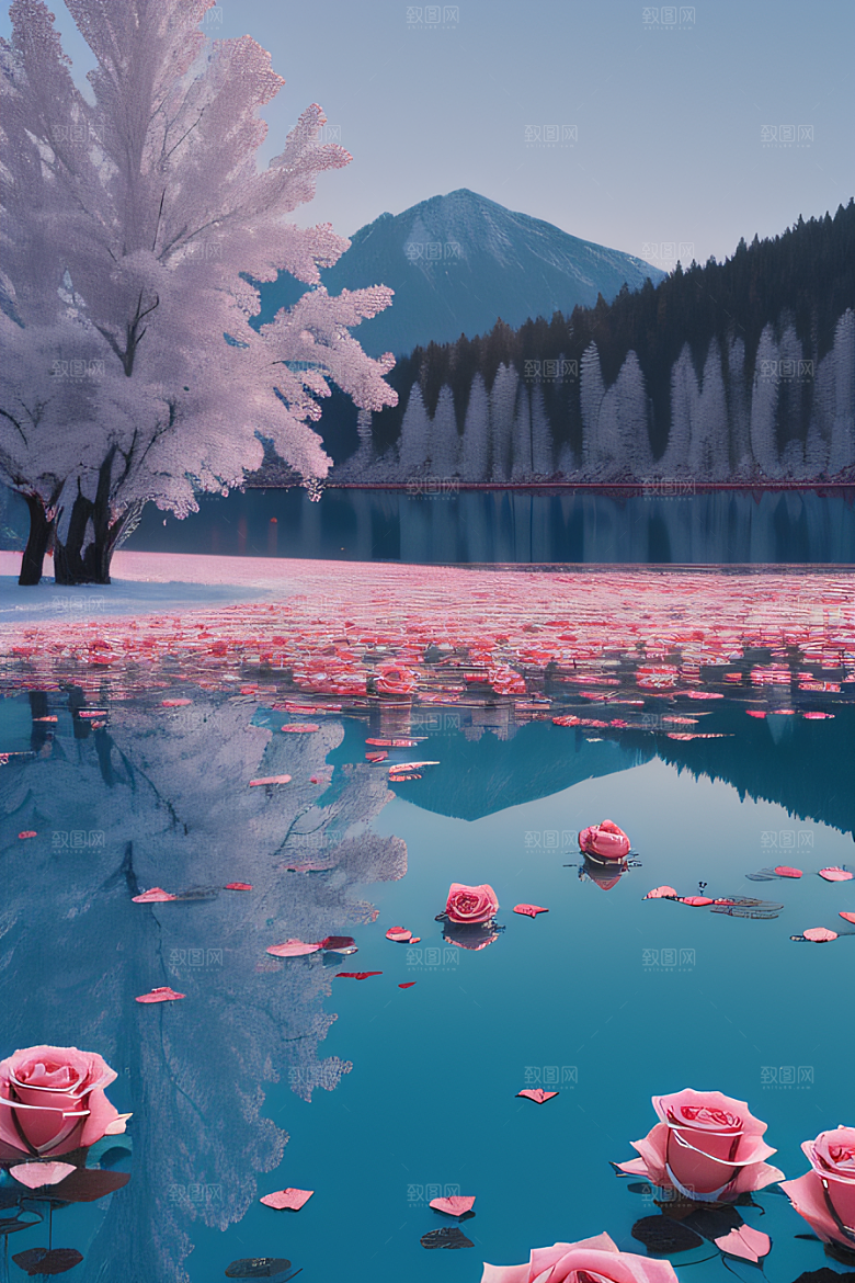 冰湖花海玫瑰倒影美轮美奂