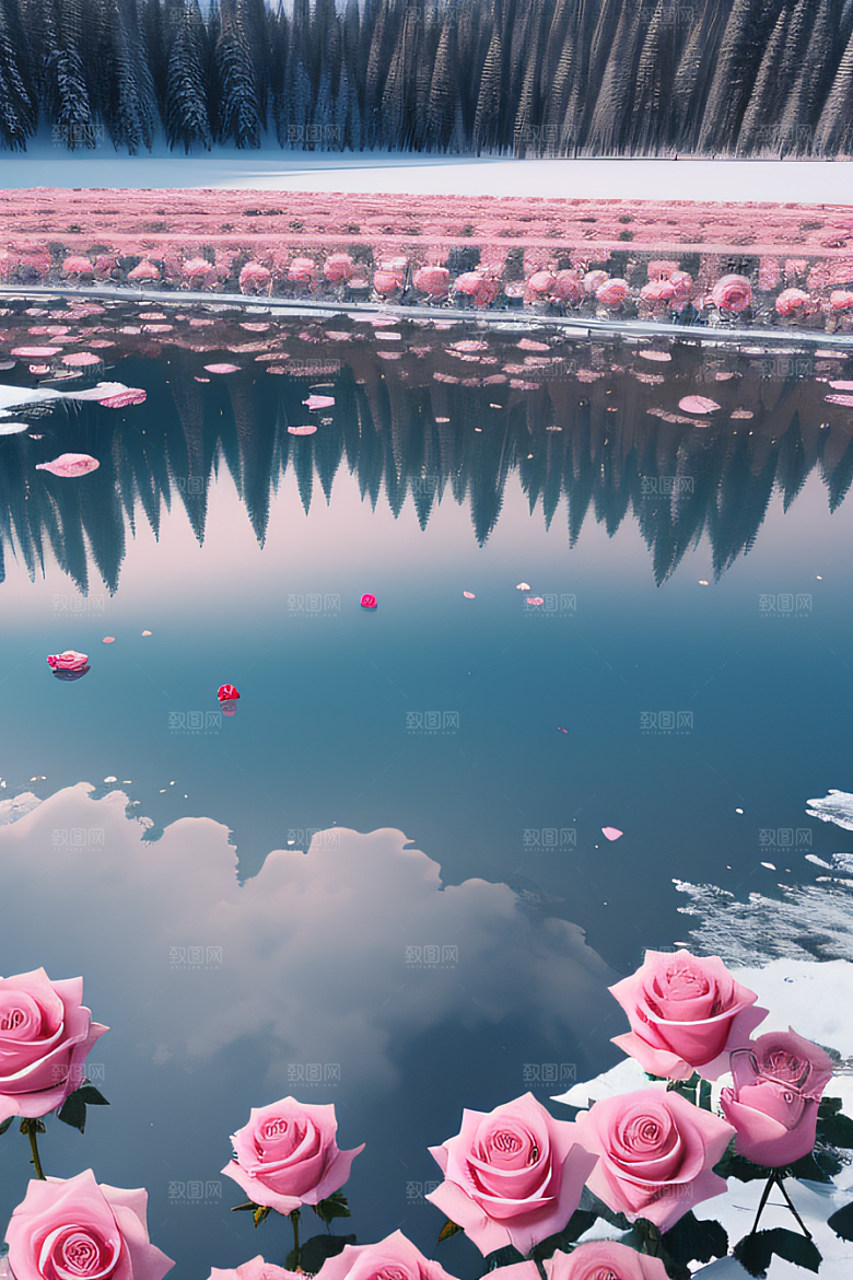 冰湖花海玫瑰倒影美轮美奂