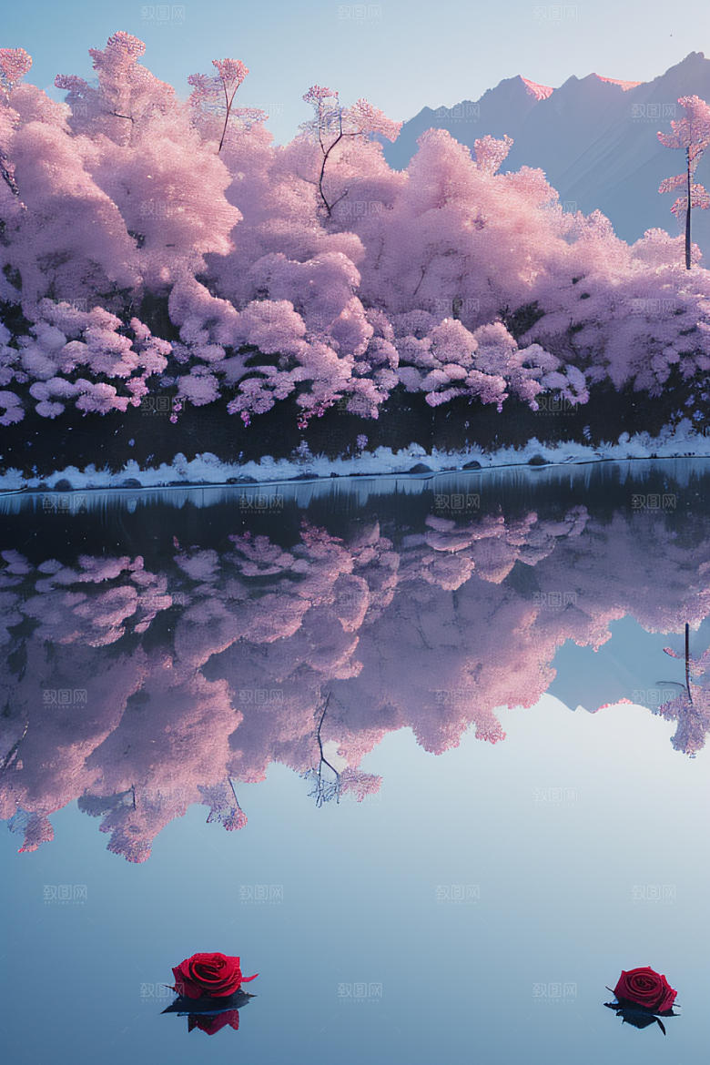 冰湖浪漫背景下的玫瑰宫殿