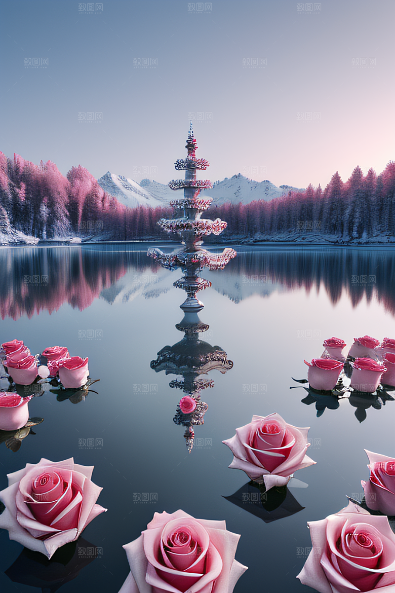 冰湖浪漫背景下的玫瑰宫殿