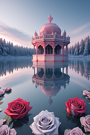 冰湖浪漫背景下的玫瑰宫殿
