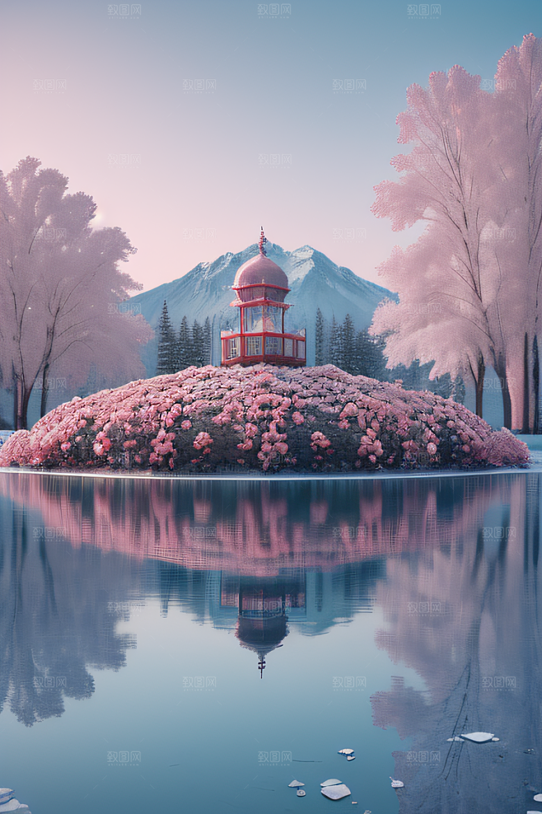 冰湖浪漫背景下的玫瑰宫殿