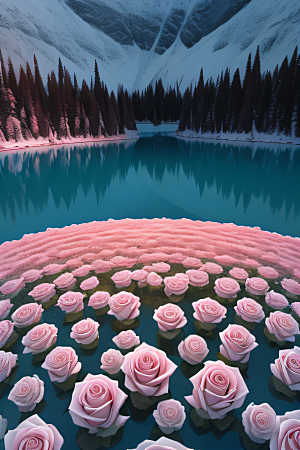 冰湖浪漫背景下的玫瑰宫殿