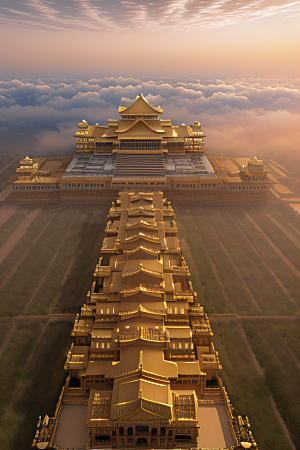 古代金色宫殿云海浩渺背景