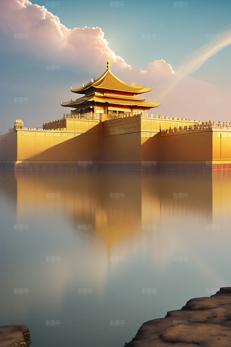 古代金色宫殿云海浩渺背景