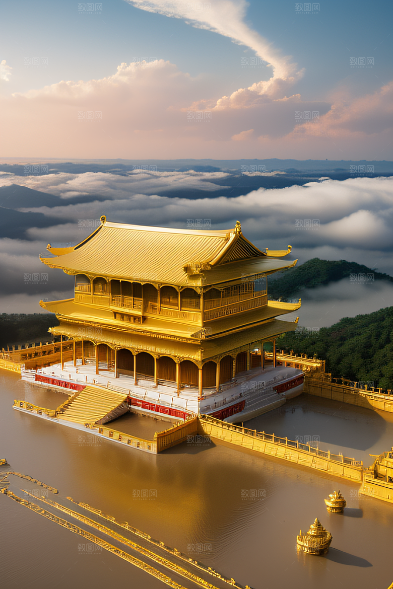 古代金色宫殿云海浩渺背景