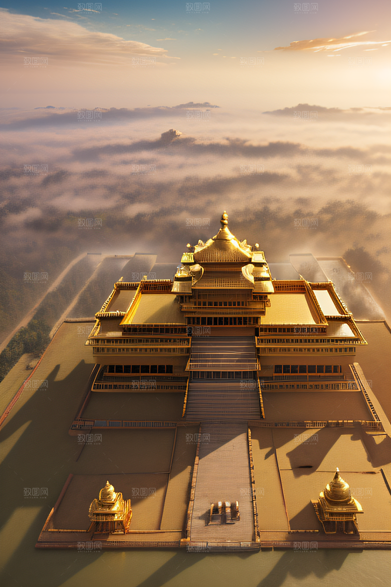 古代金色宫殿云海浩渺背景