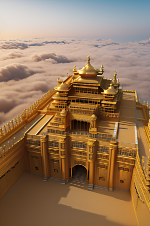 古代金色宫殿云海浩渺背景