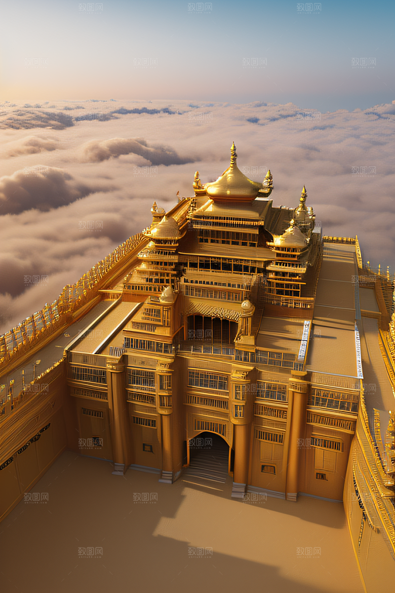 古代金色宫殿云海浩渺背景
