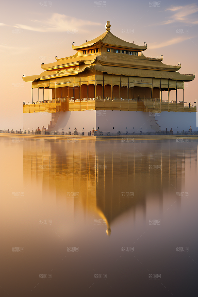 古代金色宫殿云海浩渺背景