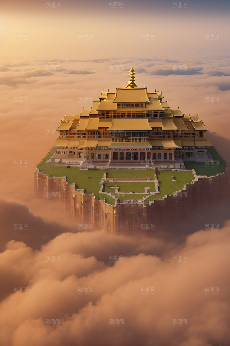 古代金色宫殿云海浩渺背景