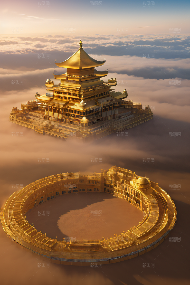 古代金色宫殿云海浩渺背景