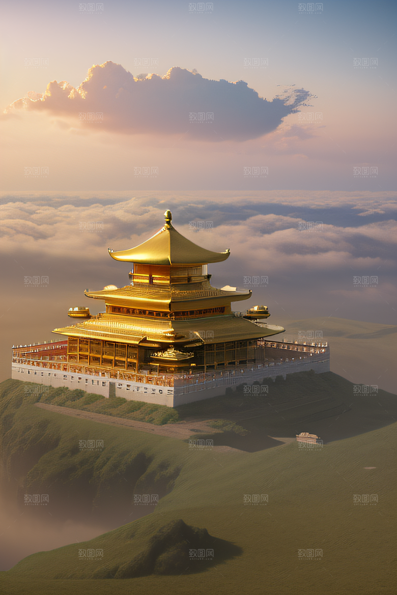 古代金色宫殿云海浩渺背景