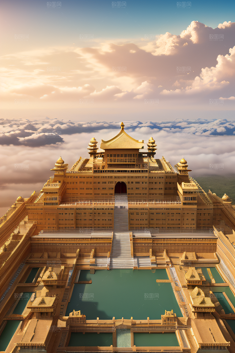 古代金色宫殿云海浩渺背景