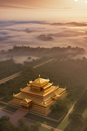 古代金色宫殿云海浩渺背景