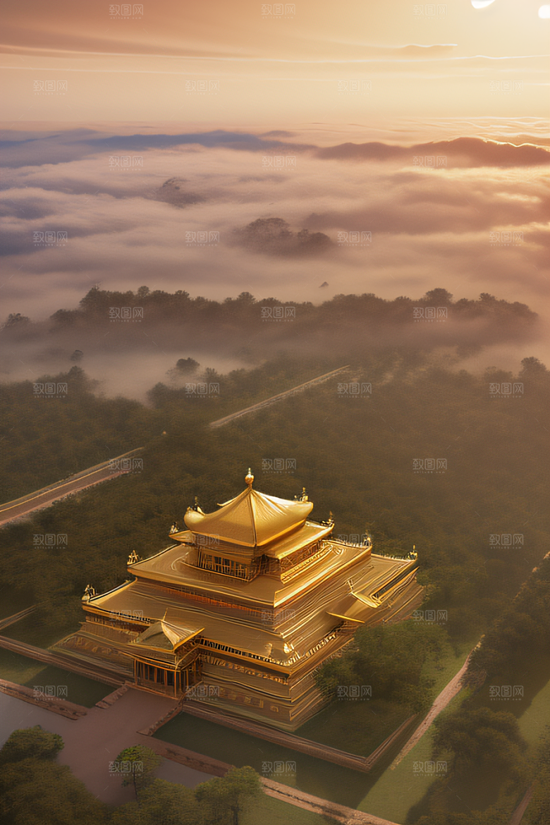 古代金色宫殿云海浩渺背景