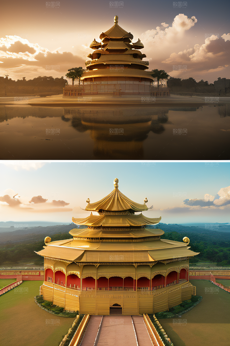 古代金色宫殿云海浩渺背景