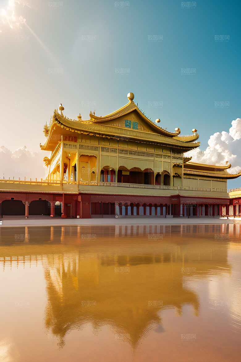 古代金色宫殿云海浩渺背景