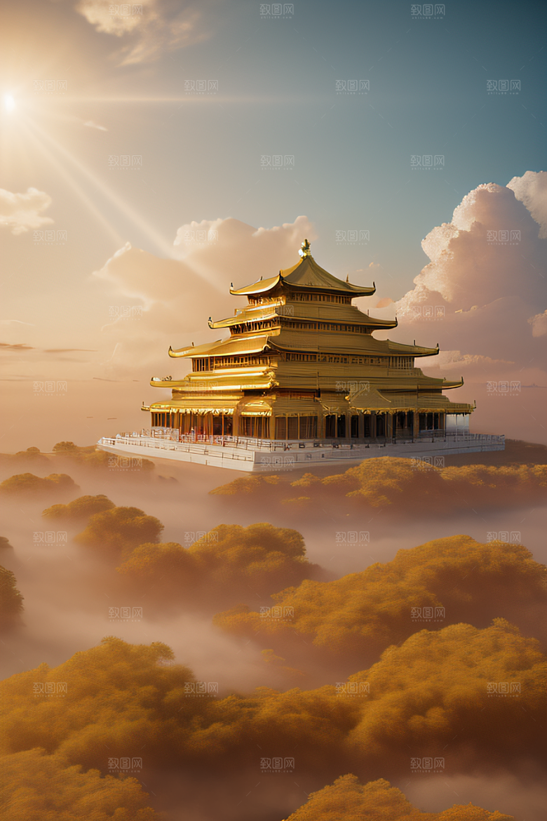 古代金色宫殿云海浩渺背景