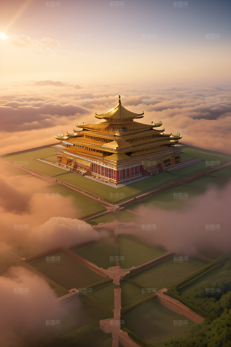 宏伟古代金宫云海中的绝美景色