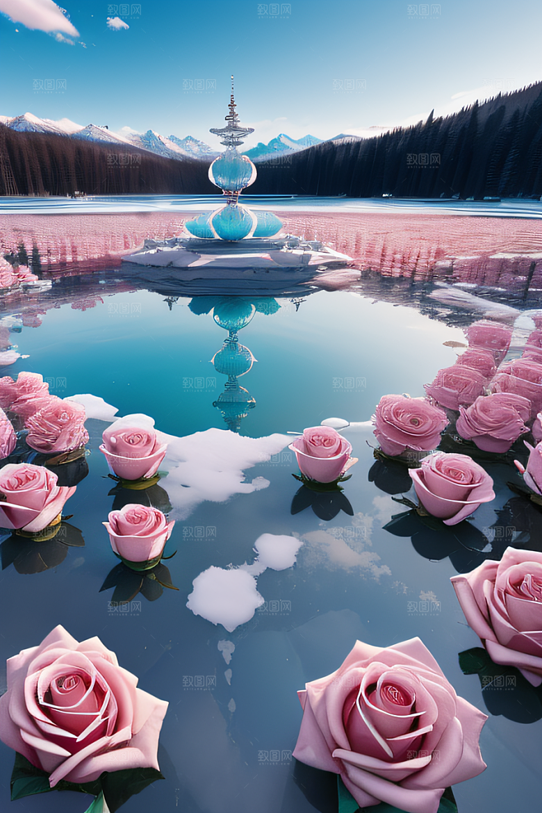 玫瑰花海冰湖浪漫背景