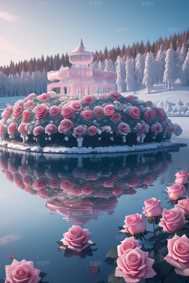 玫瑰花海冰湖浪漫背景