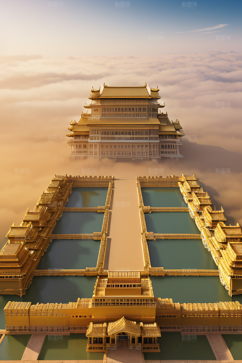 宏伟古代金宫云海中的绝美景色