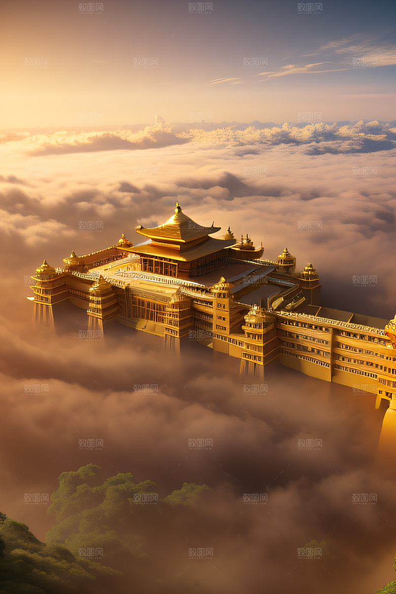 金碧辉煌的古代宫殿云海奇观