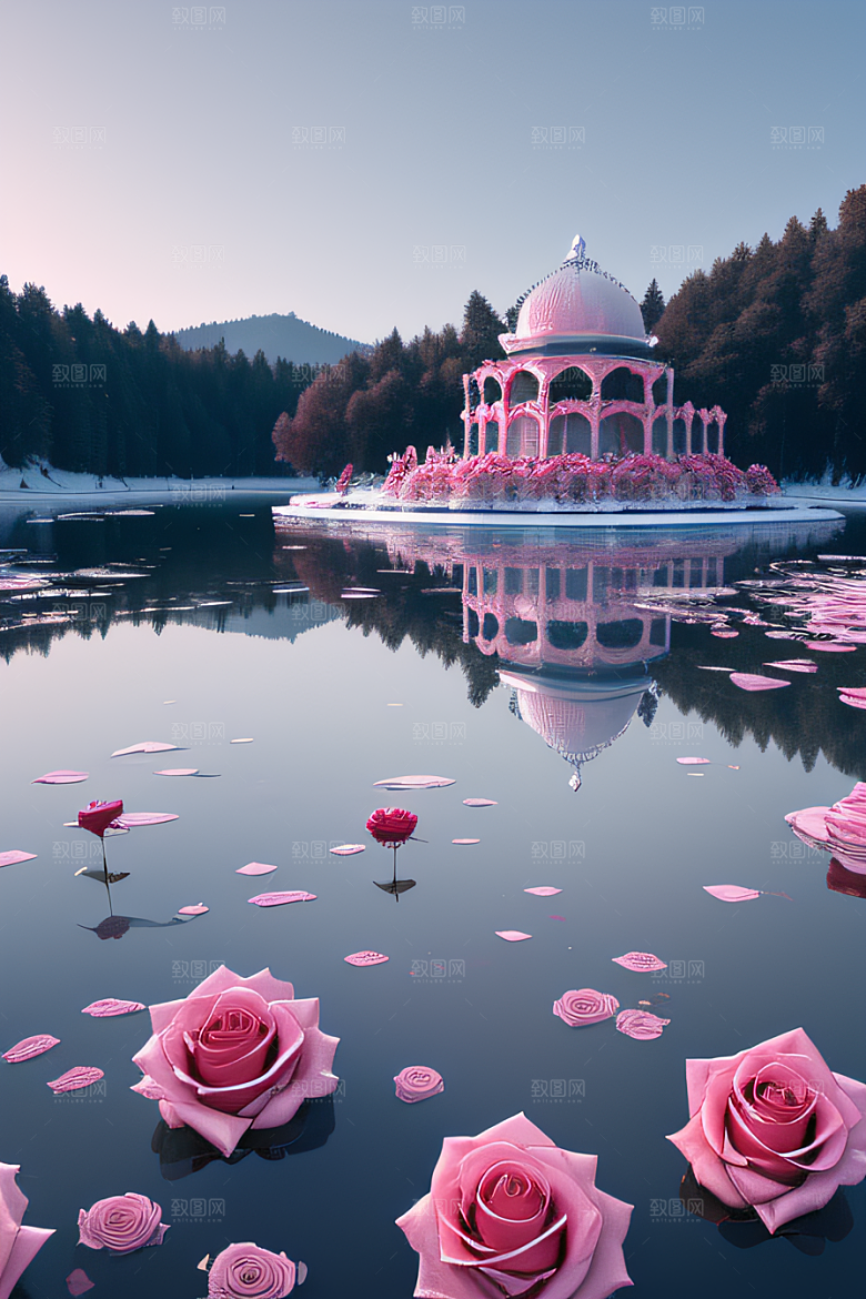 冰湖花海玫瑰倒影迷人