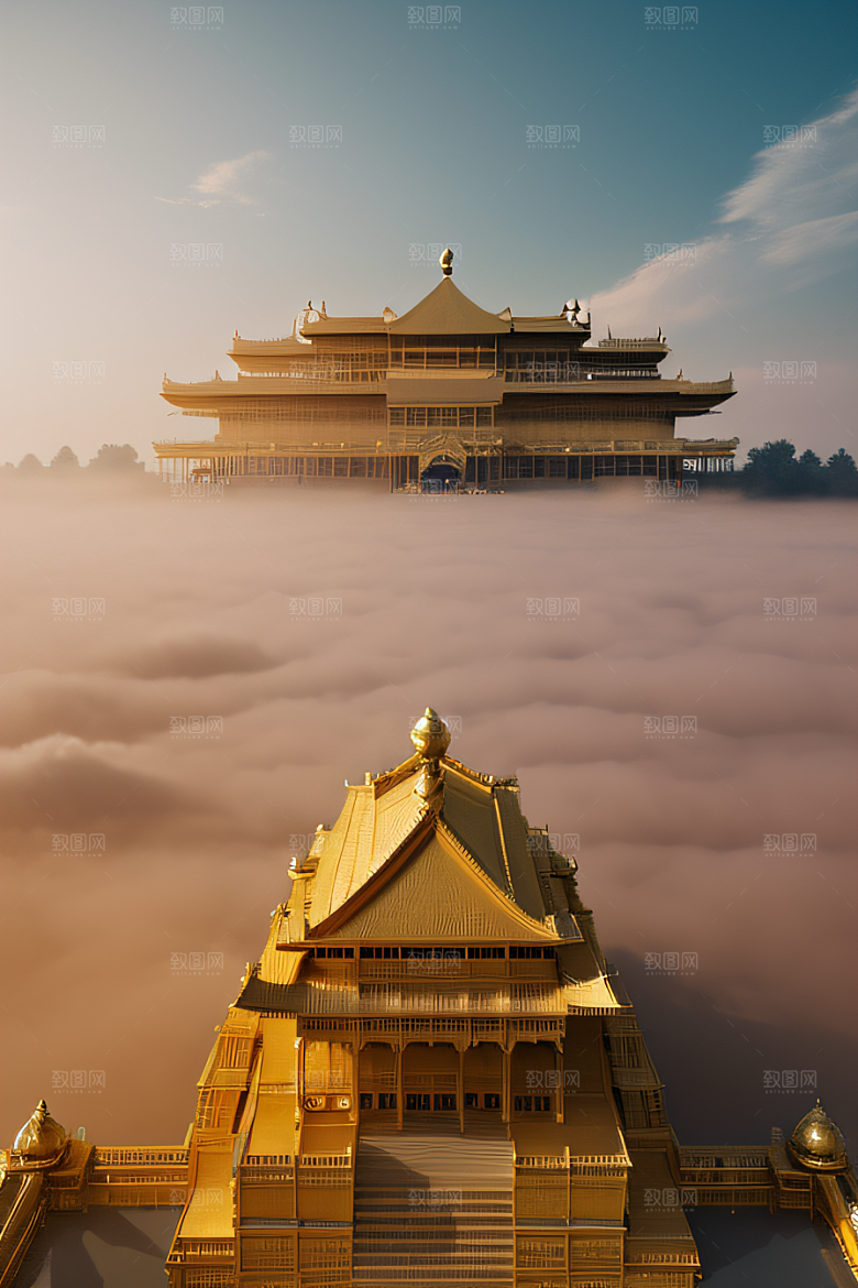 金碧辉煌的古代宫殿云海奇观