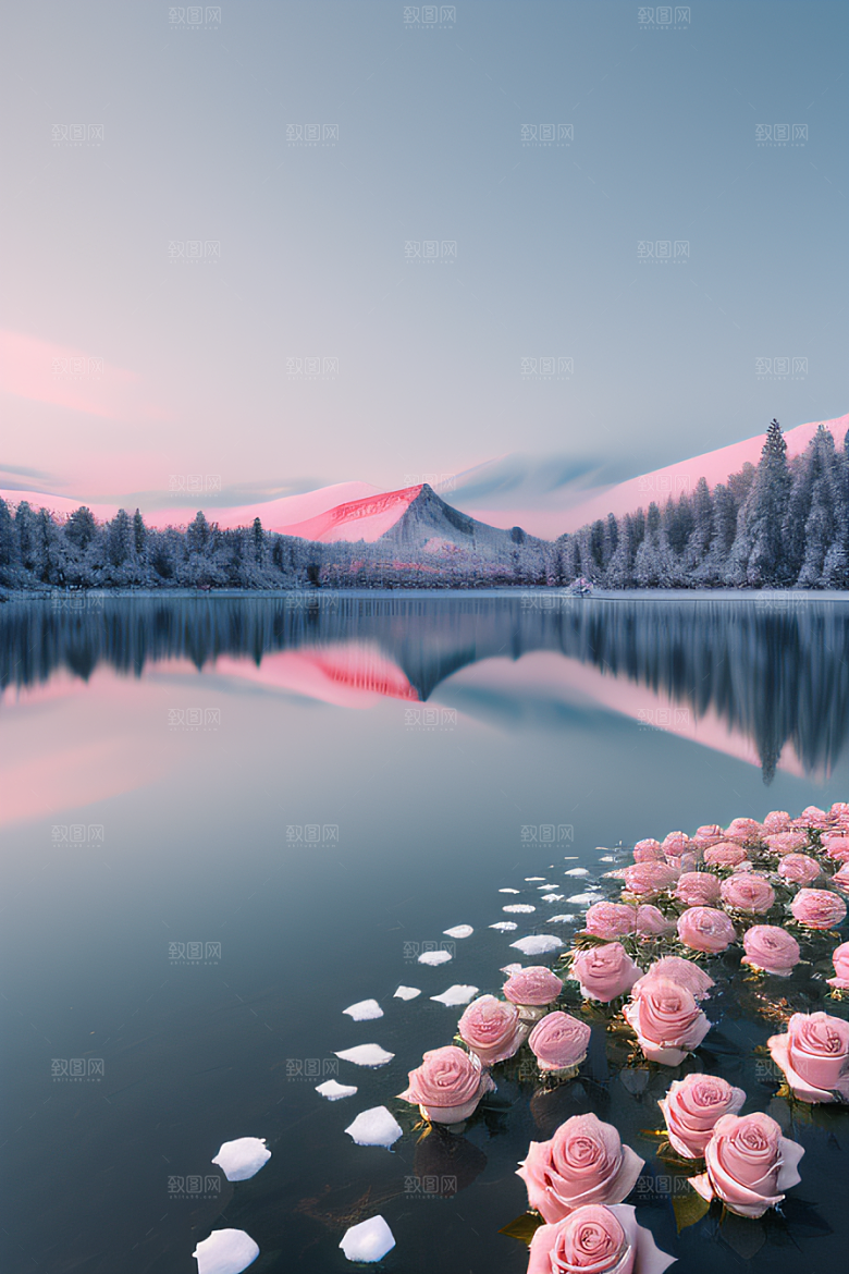 冰湖花海玫瑰倒影迷人